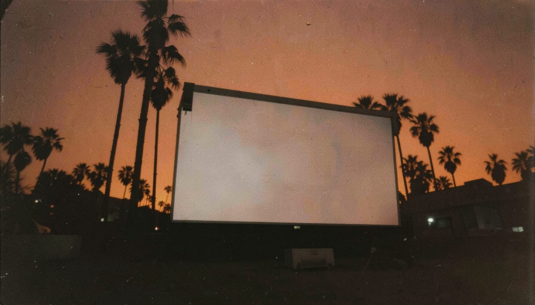 Outdoor cinema screen at dusk with silhouetted palm trees against a deep orange sky, nostalgic film-grain atmosphere