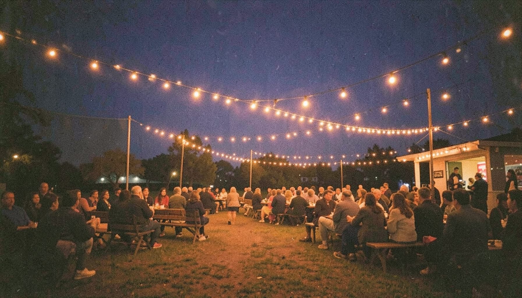 Open-air night screening with string lights overhead, small crowd gathered on benches, deep indigo sky with warm tungsten glow, grainy film photograph
