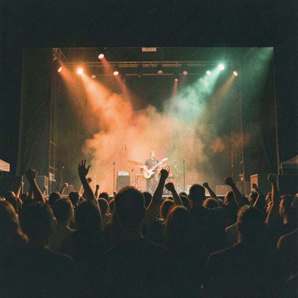A grainy analog photograph of a stage performance with warm amber and deep green lighting, a crowd silhouette in the foreground, mood energetic and celebratory