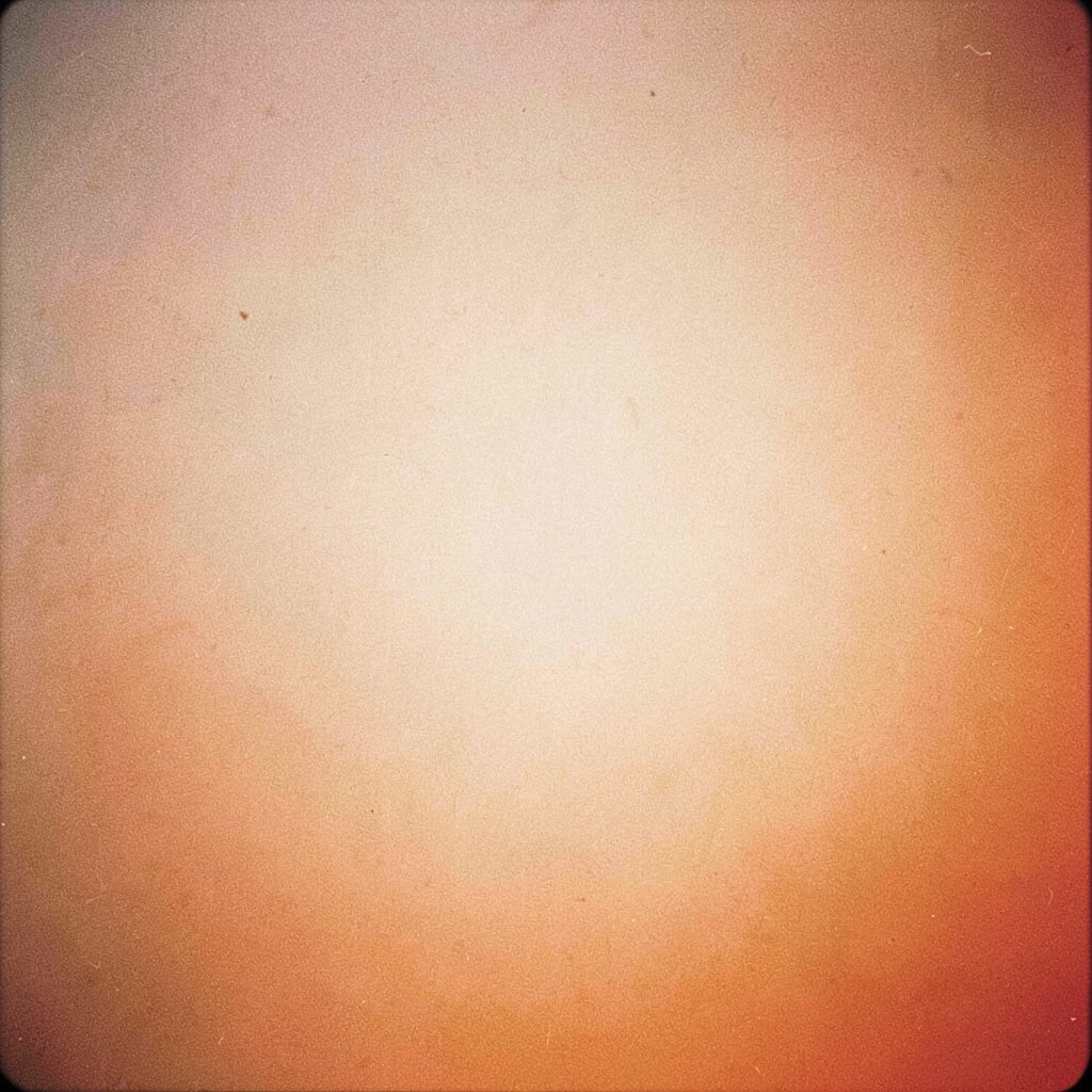 Small square grainy analog portrait-style photograph with soft warm lighting, faded look