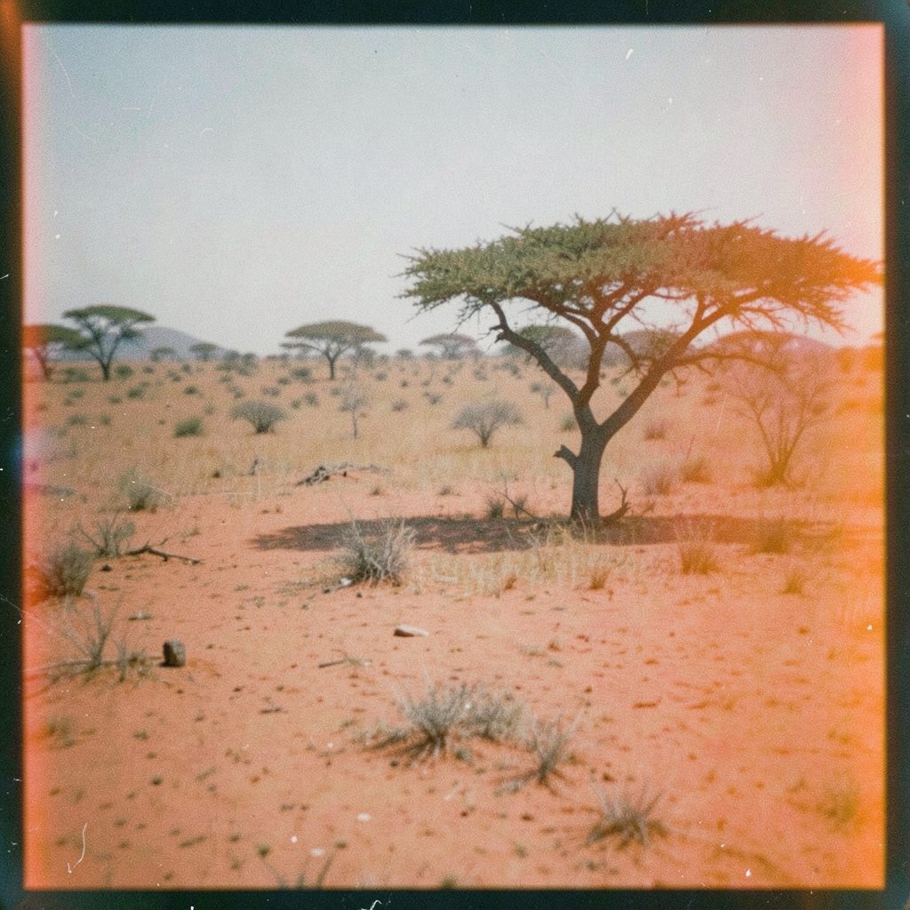 Small square icon-style analog photograph representing southern African landscape tones, muted green and brown
